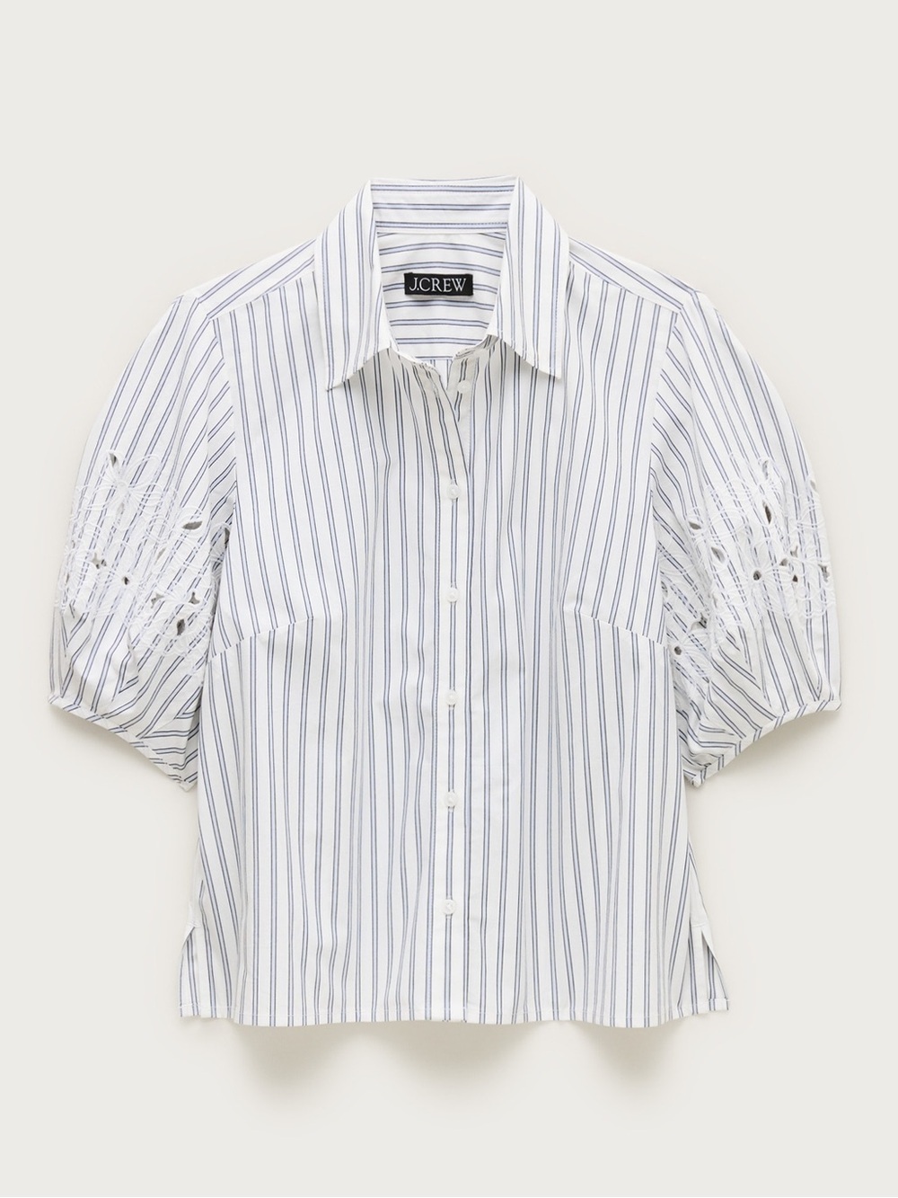J crew ivory blue Eyelet puff-sleeve shirt in striped cotton poplin